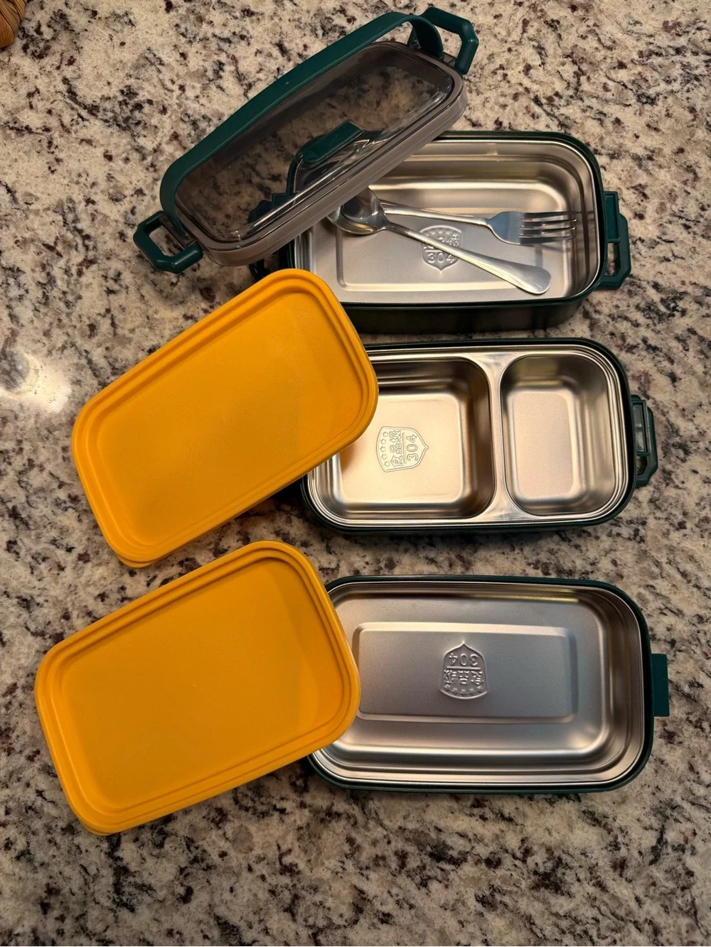Never used! Green & Yellow 3-Tier Stackable Lunch Box